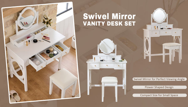 English Elm Compact Floral Makeup Vanity Table with Swivel Flower Mirror, 5 Drawers & PU Stool — Space-Saving Beauty Station N844P288535A