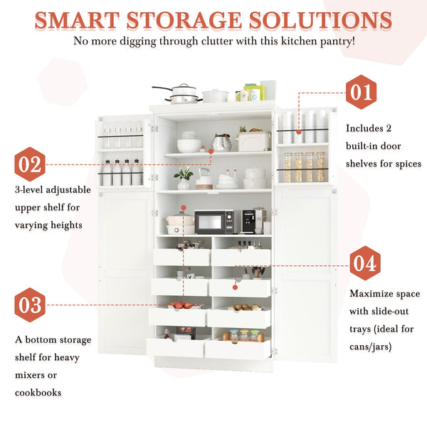 English Elm [assembly Included] Topmax Shaker Pantry Cabinet Tall Mdf Kitchen Storage with Pull-out Trays White SP000099AAK