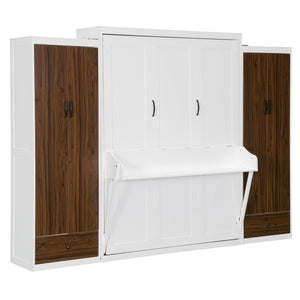 English Elm Queen Murphy Wall Bed with Fold Down Desk Dual Wardrobes and Drawers in White LP000925AAK