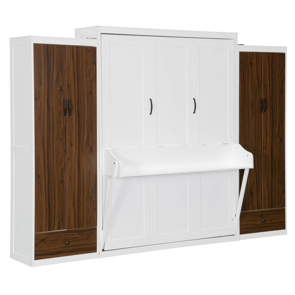 English Elm Queen Murphy Wall Bed with Fold Down Desk Dual Wardrobes and Drawers in White LP000925AAK-1