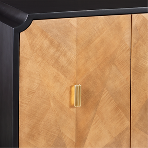 Kallista Taupe Credenza - Modern Sycamore Veneer Chest with Soft-Close Doors & Polished Brass Hardware