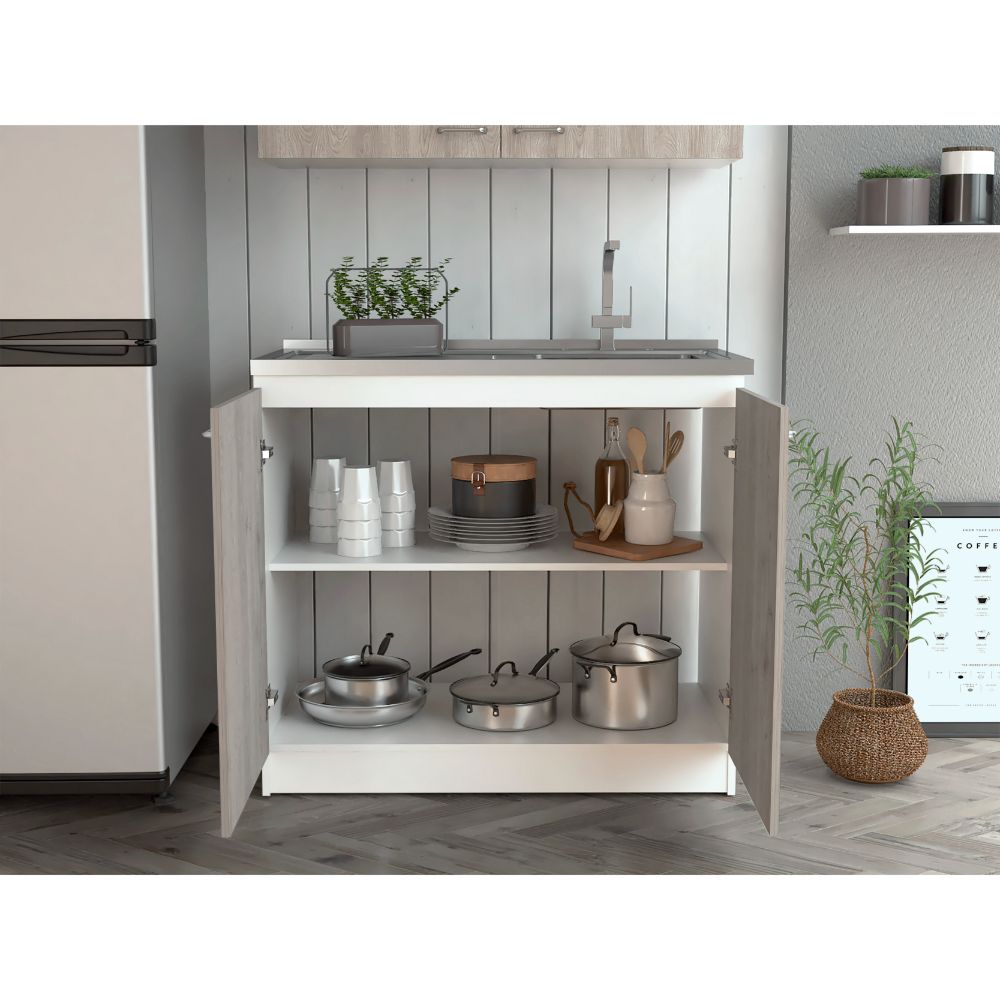 English Elm Freestanding Sink Cabinet With Double Doors, Two Adjustable Shelves, White & Light Gray Finish B097S00139