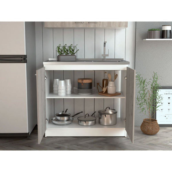 English Elm Freestanding Sink Cabinet With Double Doors, Two Adjustable Shelves, White & Light Gray Finish B097S00139
