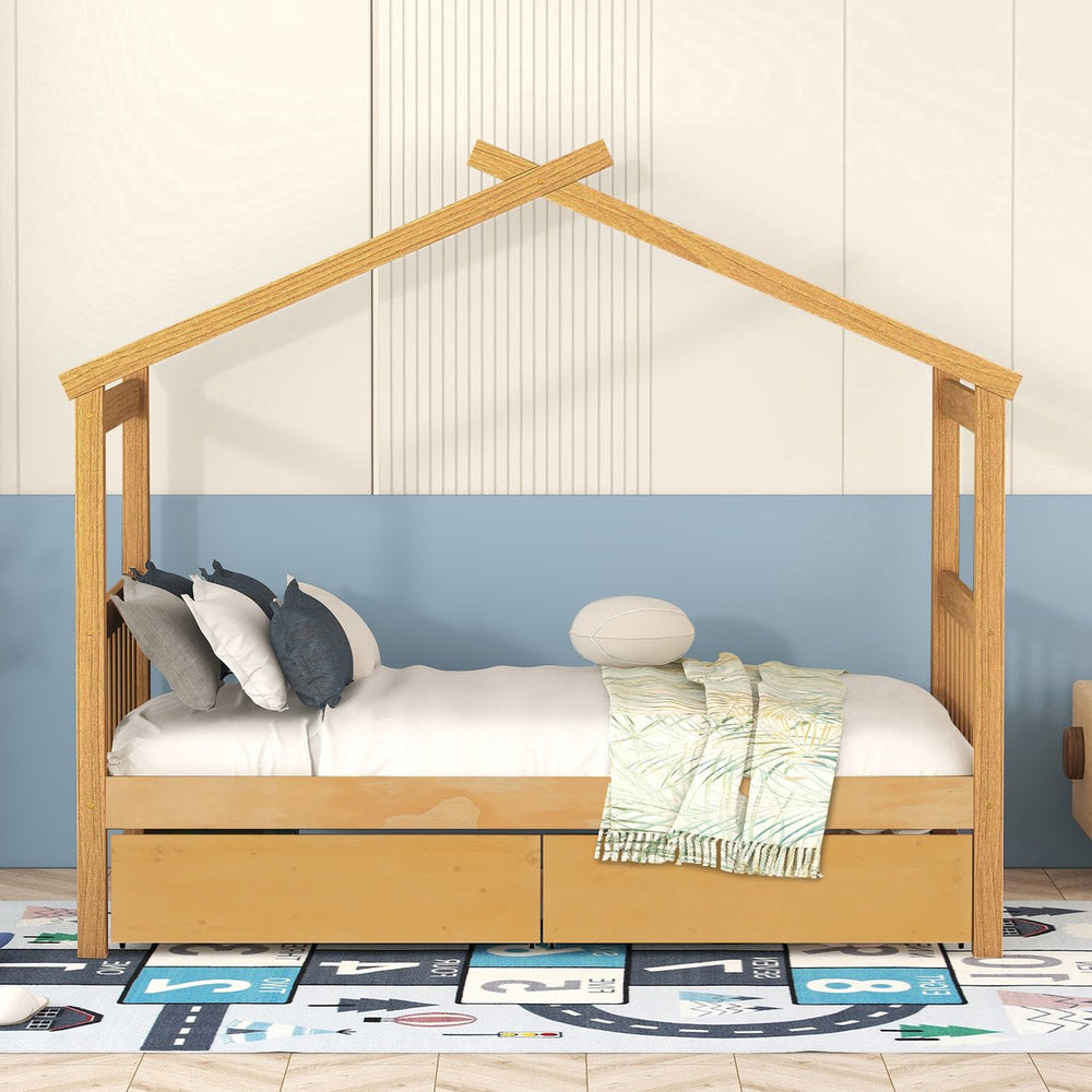 English Elm Twin House Bed Solid Pine Kids Cottage Frame with Storage Drawers Imaginative Room N708P309245M