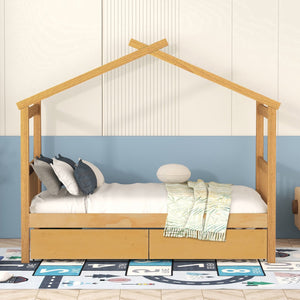 English Elm Twin House Bed Solid Pine Kids Cottage Frame with Storage Drawers Imaginative Room N708P309245M