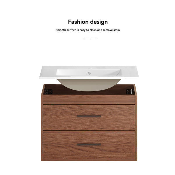 English Elm 30" Wall Mounted Bathroom Vanity Reddish Brown Mdf Two Soft Close Drawer Ceramic Sink W3133S00021