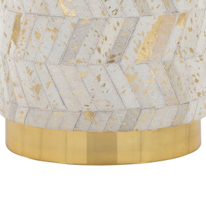 English Elm Leather Round Ottoman with Gold Splatter Faux Upholstery and Glam Metal Base B202P471512