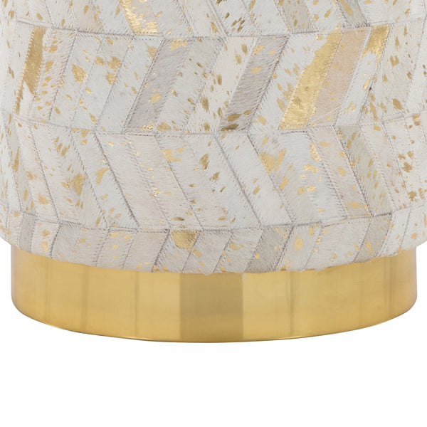 English Elm Leather Round Ottoman with Gold Splatter Faux Upholstery and Glam Metal Base B202P471512