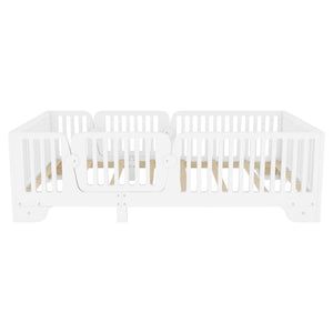 English Elm Twin Montessori Floor Bed with Safety Rails Hinged Door and Plywood Slats for Kids White W2593P381112