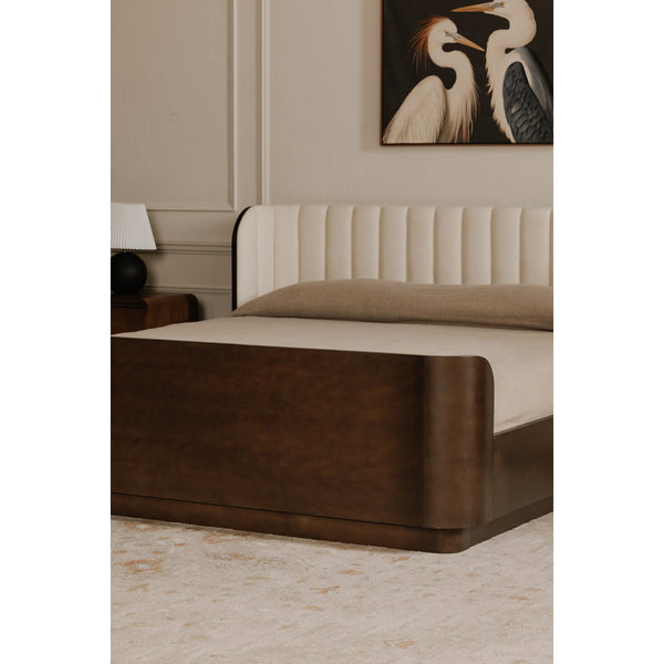 English Elm Scarlette Upholstered Sleigh Queen Bed Cream Polyester Headboard Dark Birch Frame B2769S00003
