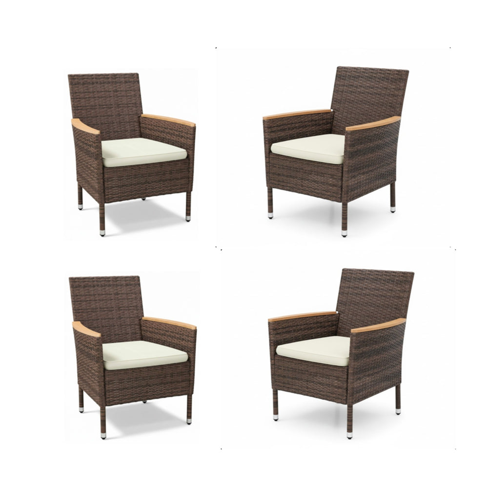 English Elm 4-piece Outdoor Pe Rattan Dining Armchair Set with Cushions for Patio Deck Brown B082P455160