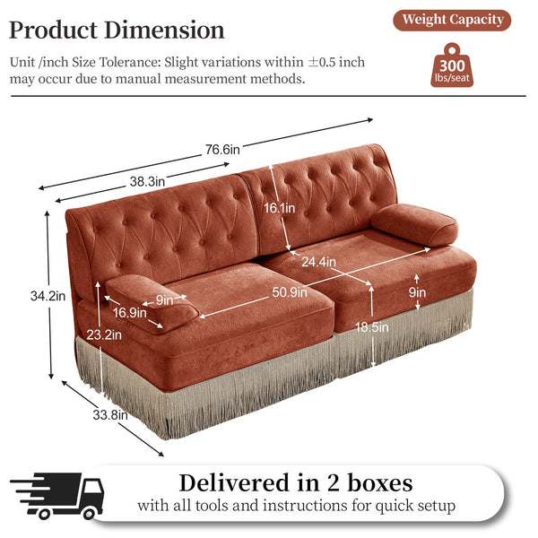 English Elm Soft Velvet Chesterfield Sectional Sofa Tufted Tassel Fringe Skirt Modular Living Room Red+Brown W714S01718