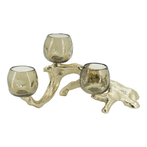 English Elm 15.7x9.1x7.9" Gold Aluminum Branch Votive Holder with Three Glass Cups for Glam Decor W2078P490404
