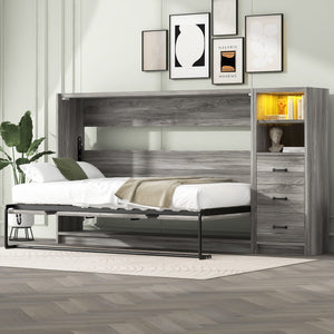 English Elm Twin Murphy Bed with Drawers & LED Light — Space-Saving Gray Cabinet Bed, Solid MDF/Pine, 800lb Capacity N709P002049D