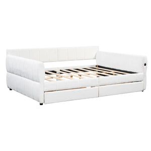 English Elm Queen Lambswool Platform Bed with Usb Charging Armrests and Under Storage Drawers White N7500000601K