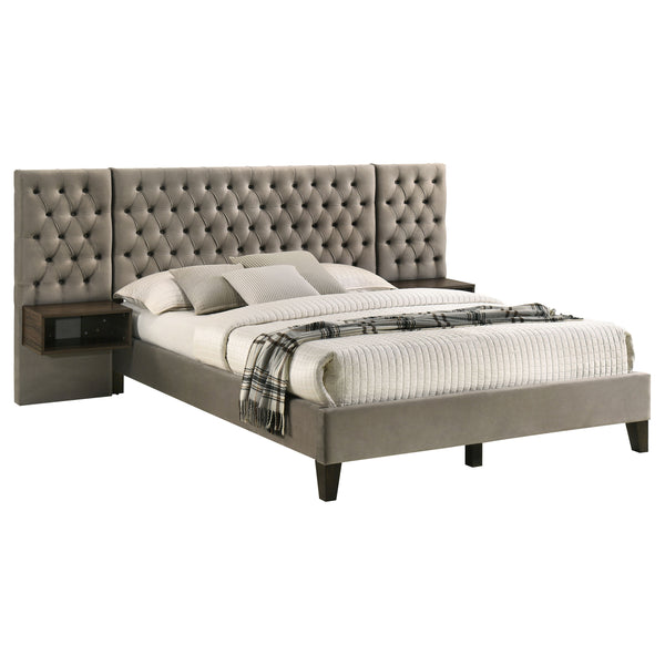 English Elm Kiah Light Brown Eastern King Platform Bed with Extra-Wide Tufted Headboard and Floating Nightstands B062S01057