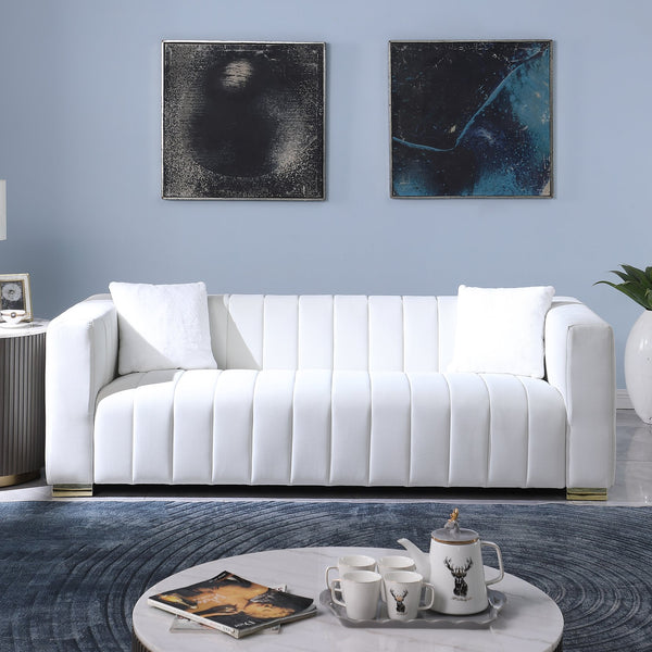 English Elm A Modern Channel Sofa - Elegant 3-Seater Chesterfield Style In White Velvet For Timeless Living Spaces W1099S00081