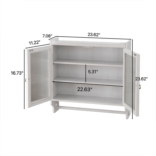 English Elm 24.8"Glass Rustic White Washed Double Door Wall Cabinet with 3 Shelves, Towel Rack, Solid Wood Storage W757P218128
