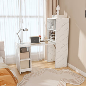English Elm Stretchable expandable office desk with magnetic fold, lockable casters, adjustable shelves for storage and space-saving White Marble W509P355682