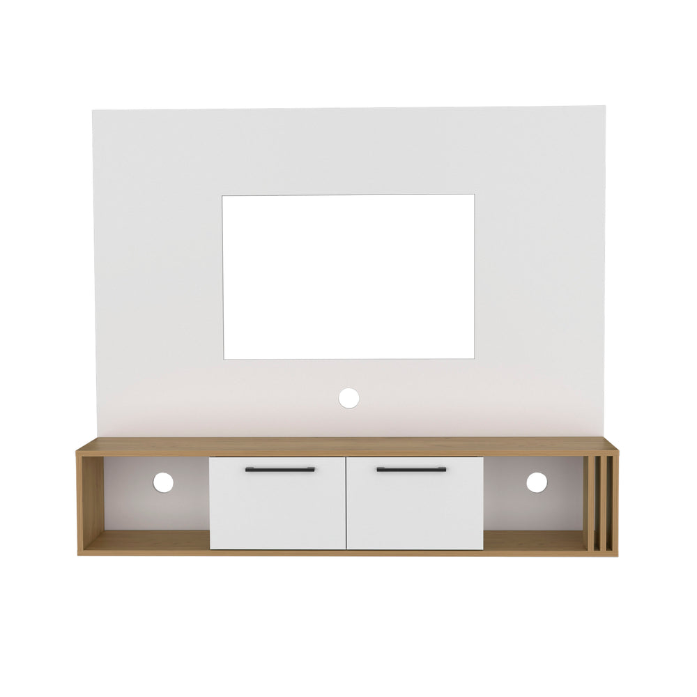 English Elm Vance 56" Floating Entertainment Center in Natural Oak White – Modern TV Stand with Cabinets, Cable Management, Shelving and Easy Assembly B200P286965
