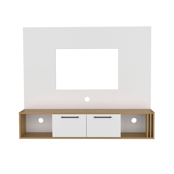 English Elm Vance 56" Floating Entertainment Center in Natural Oak White – Modern TV Stand with Cabinets, Cable Management, Shelving and Easy Assembly B200P286965