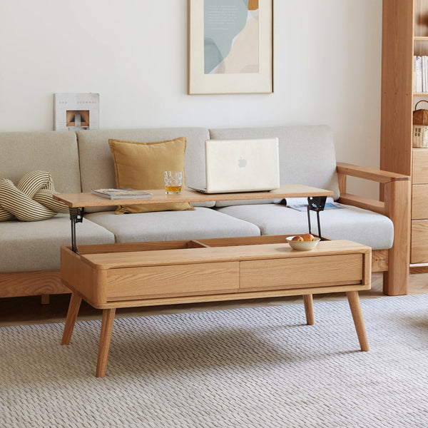 English Elm Elevating Center Table - Solid Oak Lift-Top Coffee Table With Hidden Storage & Easy Assembly, Natural Finish W1283P289306