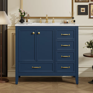 English Elm 36" Solid Pine Bathroom Vanity with Ceramic Sink 4 Soft Close Drawers Vintage Style Blue N759S293646C