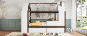 English Elm Twin House Frame Bed Pine Wood with Storage Drawers and Shelves for Kids Bedroom W1580S00573