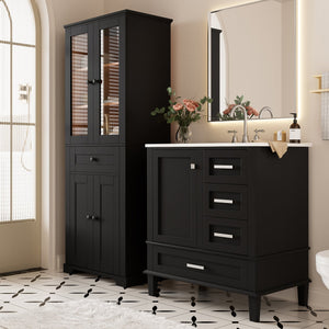 English Elm 67.57" Tall Matte Cabinet Vanity Combo with Glass Doors Soft-close Drawers Sink Black N729P000033B