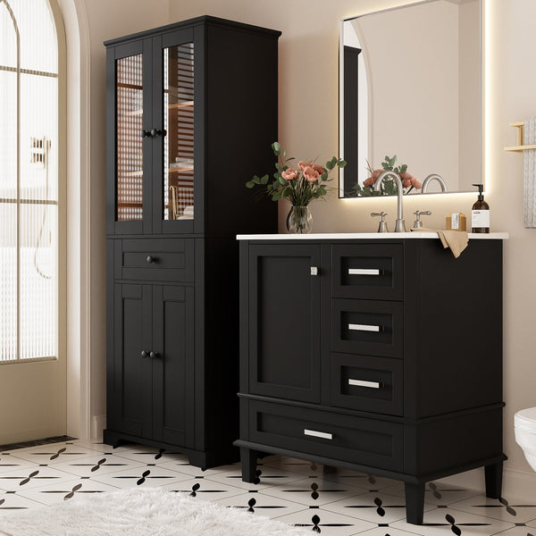 English Elm 67.57" Tall Matte Cabinet Vanity Combo with Glass Doors Soft-close Drawers Sink Black N729P000033B