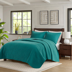 JLA Home Hampton Hill - 3 Oversized Quilted Velvet-Feel Quilt Set with Extra Loft, Herringbone Texture & Machine-Washable Ease Peacock JLA13-500
