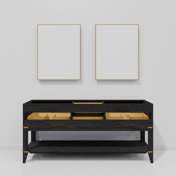 English Elm Black Oak Double Bath Vanity With 72" White Quartz Top, Faucets & 34" Mirrors For Modern Elegance B2731S02200