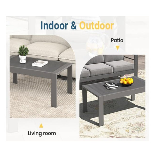 English Elm 43" Outdoor Coffee Table with Wood Grain Top on Powder Coated Iron for Patio Lounging Gray B082P455180