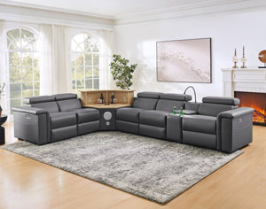 English Elm 5-seater Air Leather Power Reclining Sectional with Led Bluetooth Subwoofer and Lift Cabinet Dark Grey W1191S00125