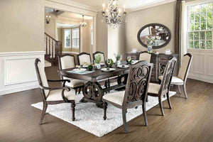 English Elm Antique White 7 Piece Formal Dining Set Carved Wood Trestle Table Ivory Upholstered Chairs Ivory,Natural,Natural+Rustic B2741S00887
