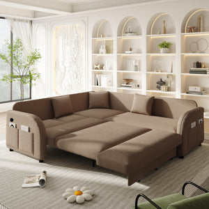 English Elm 85.1" Teddy Plush L-shaped Sectional Sleeper Sofa with Usb Ports and Pull Out Bed Brown W1885S00321