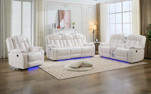 English Elm M073 Three Piece Faux Leather Reclining Sofa Set with Led Base Lighting Living Room White W1805S00175
