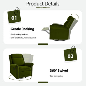 English Elm Christopher Knight Home® - 360° Swivel Recliner Plush Velvet Manual Rocker with Infinite Recline Support for Living Room Comfort Green N763P202666E