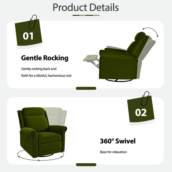 English Elm Christopher Knight Home® - 360° Swivel Recliner Plush Velvet Manual Rocker with Infinite Recline Support for Living Room Comfort Green N763P202666E