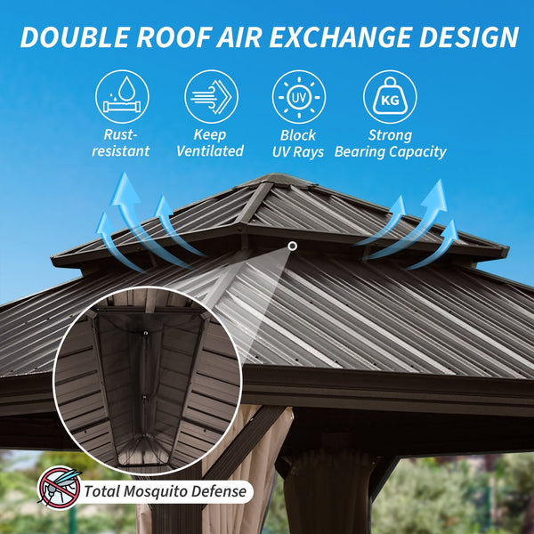English Elm 12' X 12' Hardtop Gazebo with Drainage System, Dual-Layer Galvanized Roof, Curtains & Mosquito Netting Brown W1859S00138