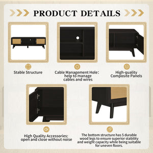 English Elm 63'' Dark Rattan TV Stand with 2 Cabinets, Bohemian Modern Media Console, Solid Wood Legs & Cable Management N710P182433B