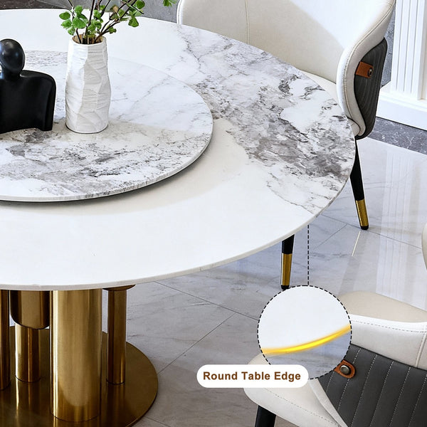 English Elm 59" Round Sintered Stone Dining Table Seats 8 with Built-in Lazy Susan Modern W2699S00096