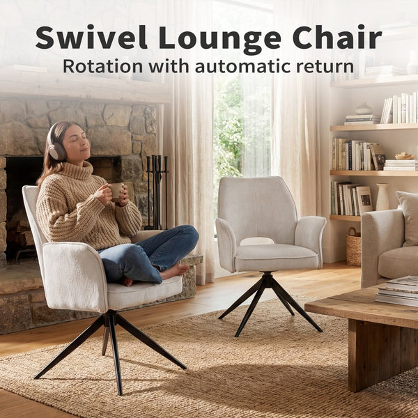 English Elm Fabric Swivel Dining Chairs Set of 2 with 360 Rotation Removable Arms Metal X-frame White W3851P452876