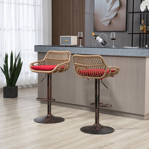 English Elm Modern Swivel Bar Stools Set of 2 Adjustable Counter Height Chairs with Linen Seat, Retro Rattan Back, 360° Rotation and Footrest, Vintage Gold Base, Durable Indoor/Outdoor Seating (Seat Height 25.6–33.9") Red W39594820
