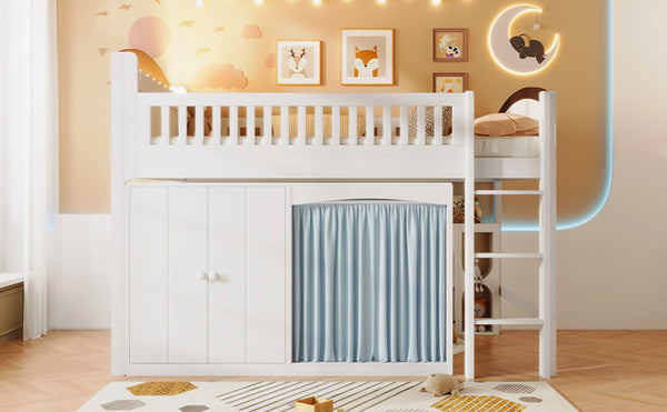 English Elm Twin Loft Bed with Wardrobe Cabinet Led Lighting and Pine Frame for Kids Rooms White N7090002236K