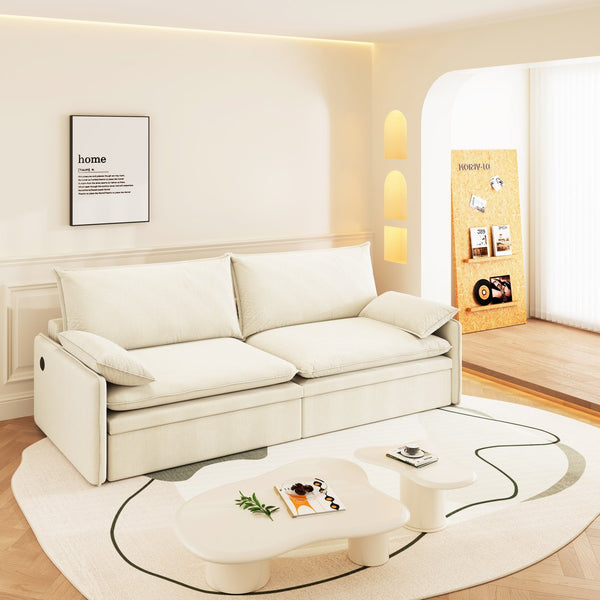 English Elm 4-Seat Convertible Sleeper Sofa Bed Chenille Upholstery Deep Seat Storage USB Port Modern Pull-Out Beige+White W1885S00214