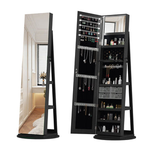 English Elm 360°swivel Jewelry Armoire with Lighted Interior Full Length Mirror Lockable White Black W3406P411299