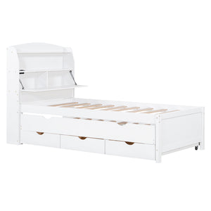 English Elm Twin LED Platform Bed with Trundle and Under-Storage Drawers, Flip-Up Headboard, USB Ports White N820S10008K