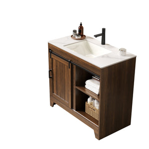English Elm RIKA 36" Bathroom Vanity with Sintered Stone Countertop, Undermount Ceramic Basin, Walnut Farmhouse Charm W2615S00096