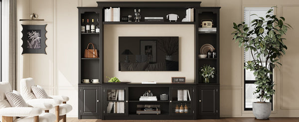 English Elm Entertainment Wall Unit with Glass Doors Open Shelving Mdf Living Room Storage Black N710S688102B
